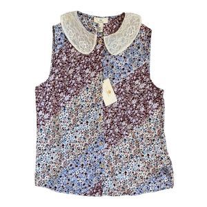 NWT Halston Floral Peter Pan Collar Button Down Sleeveless Purple Blue Blouse M